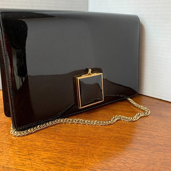 Handbags - Vintage Black Patent Leather Purse with Compact